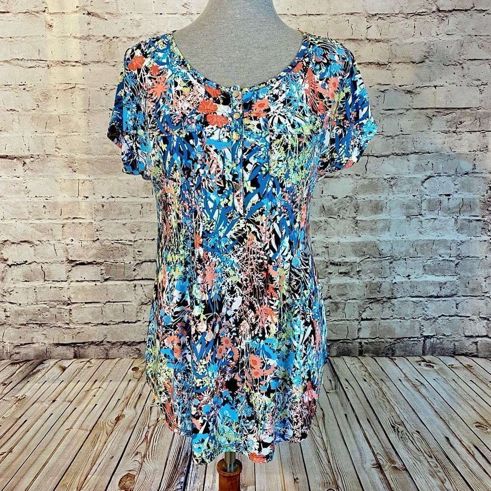 Cocomo Womens Tunic Blouse Top Floral Tropical Button Multicolor Size Medium